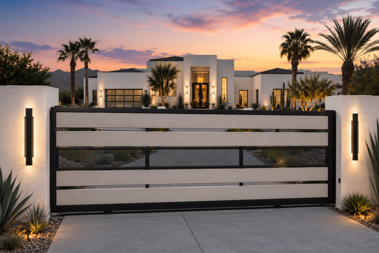 Modern estate gate with custom laser-cut steel panels in Summerlin