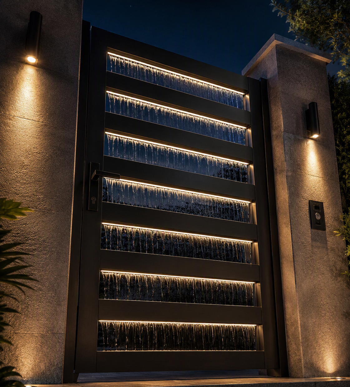 Water flowing over a decorative gate