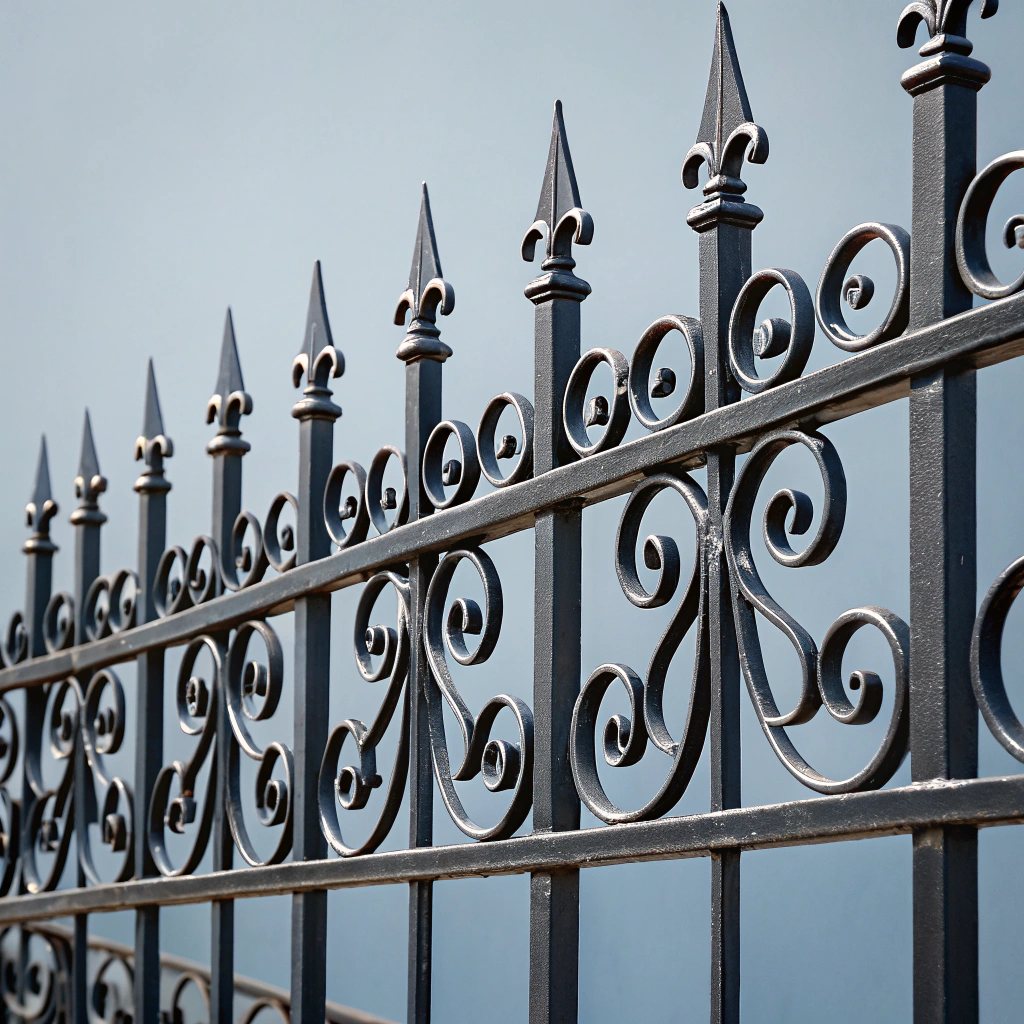 Custom wrought iron security fence with decorative finials